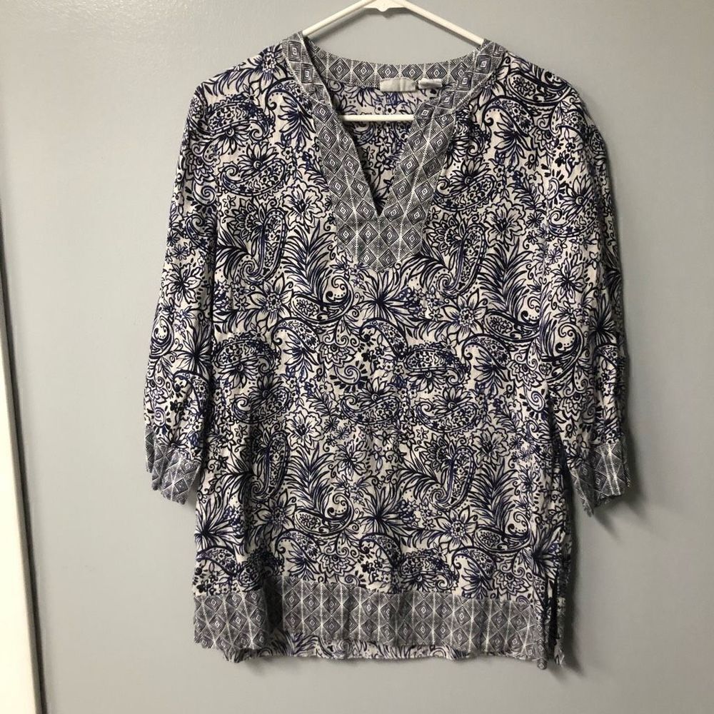 sigrid olsen 100% linen size medium tunic top paisley boho print blue summer